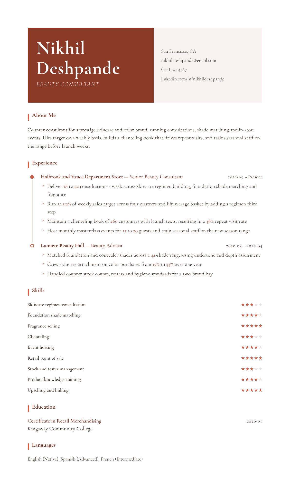 Beauty Consultant resume example, Artisan template