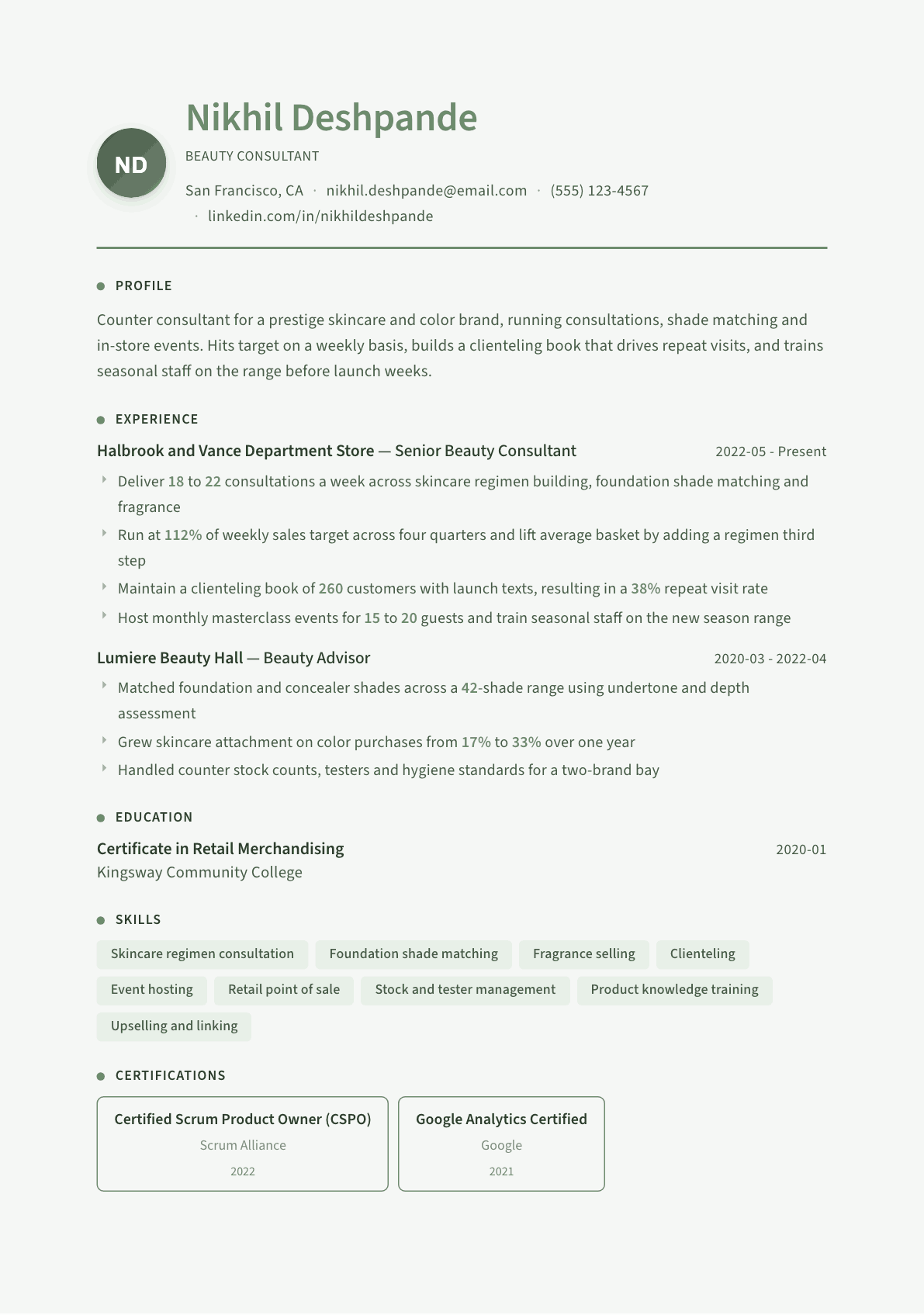 Beauty Consultant resume example, Sage Garden template