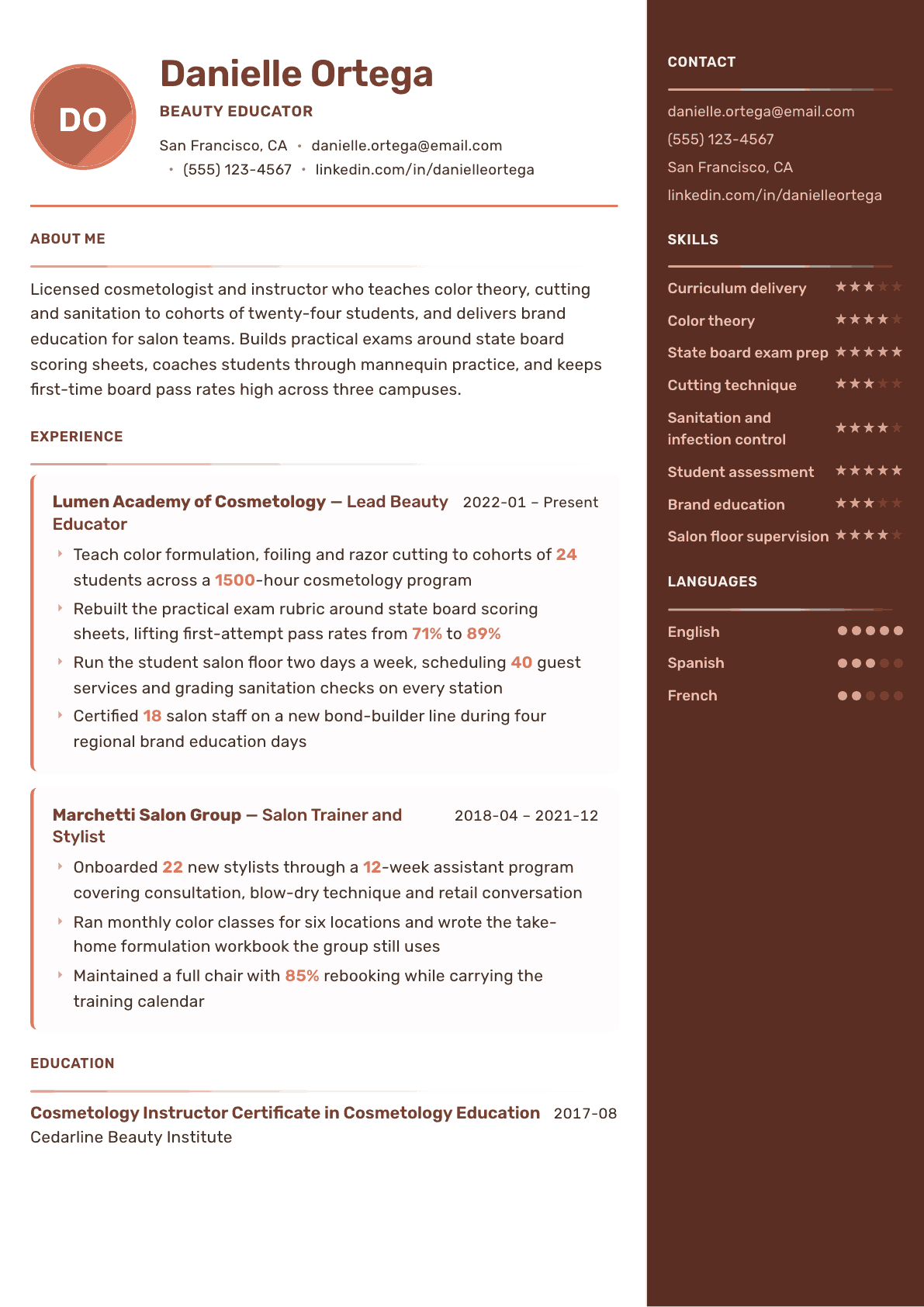 Beauty Educator resume example, Mosaic template