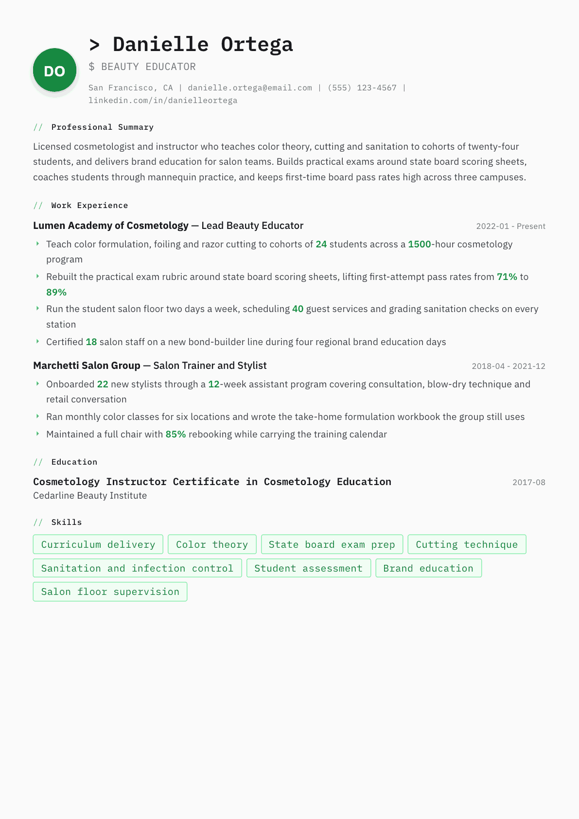 Beauty Educator resume example, Amsterdam template