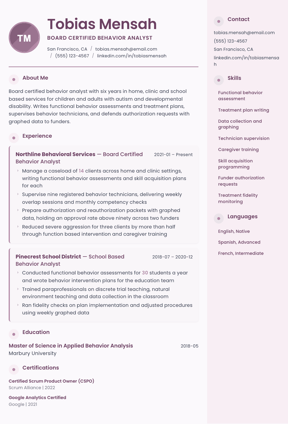 Behavior Analyst resume example, Bloom template
