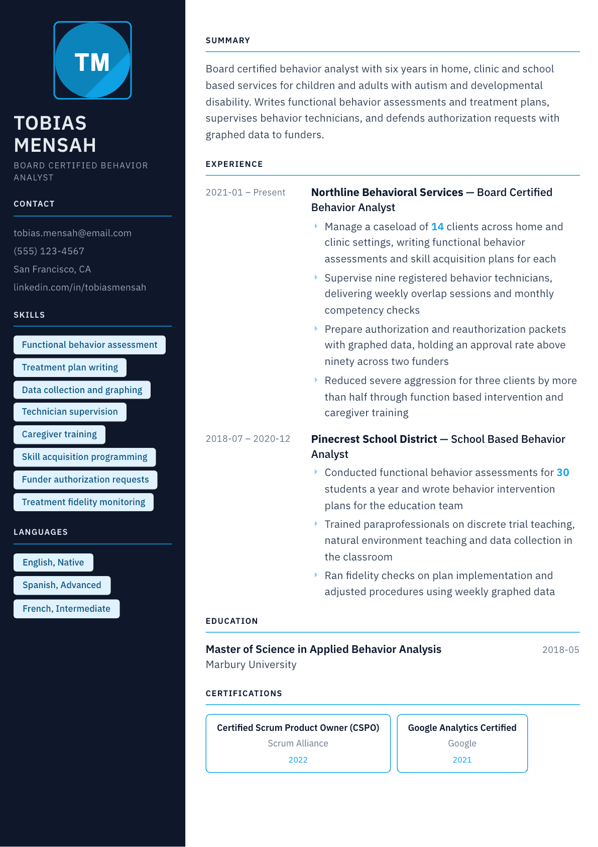 Behavior Analyst resume example, Everest template