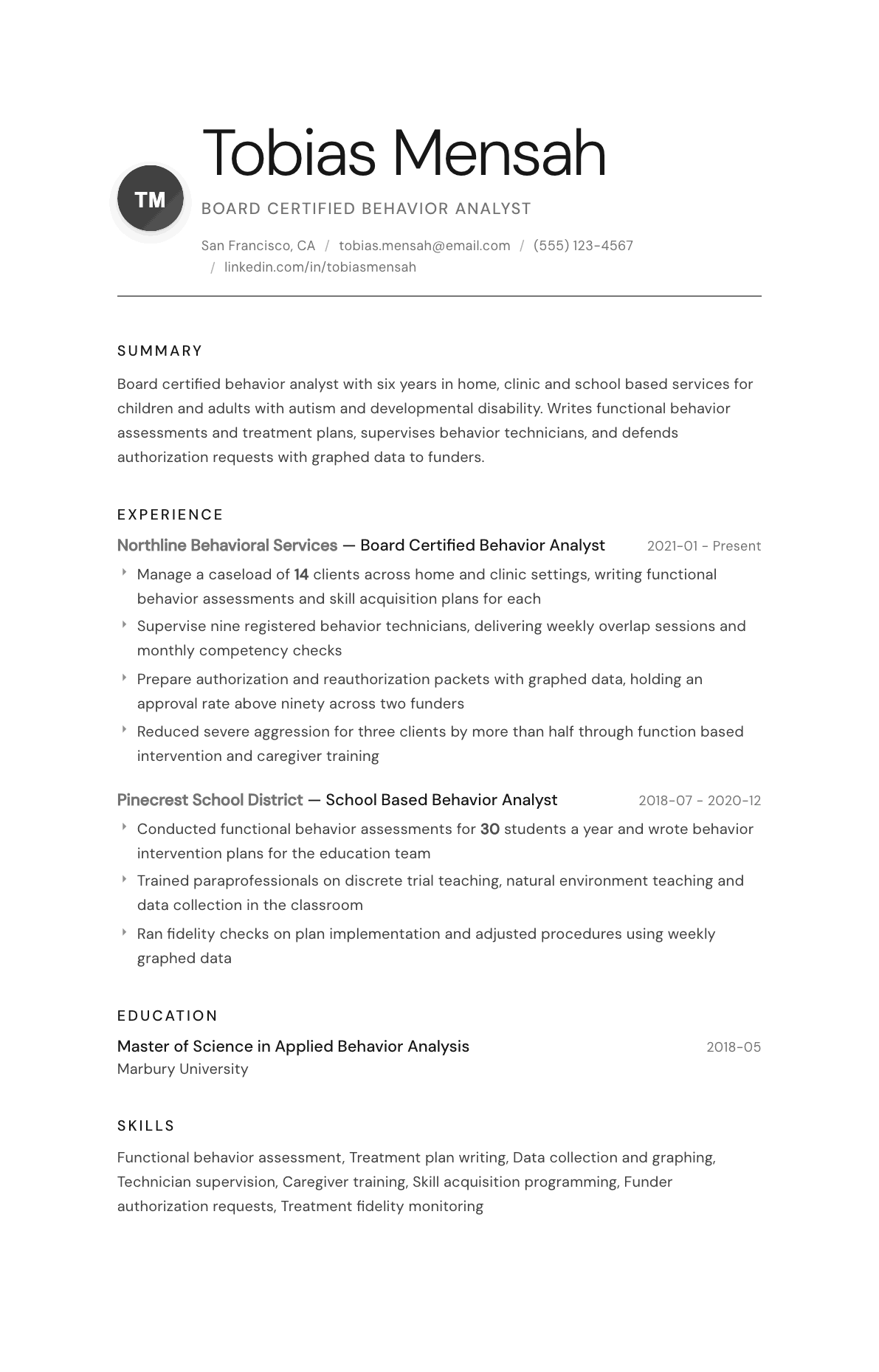 Behavior Analyst resume example, Whisper template