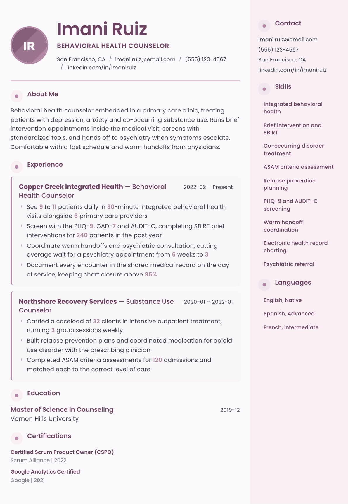 Behavioral Health Counselor resume example, Bloom template