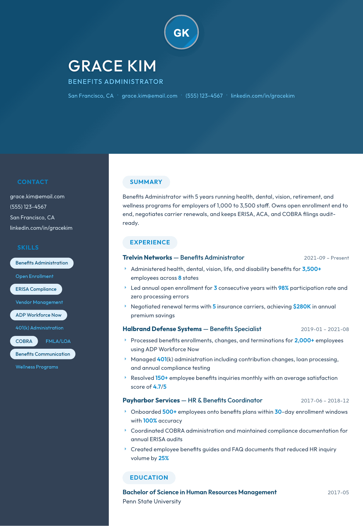 Benefits Administrator resume example, Nexus template