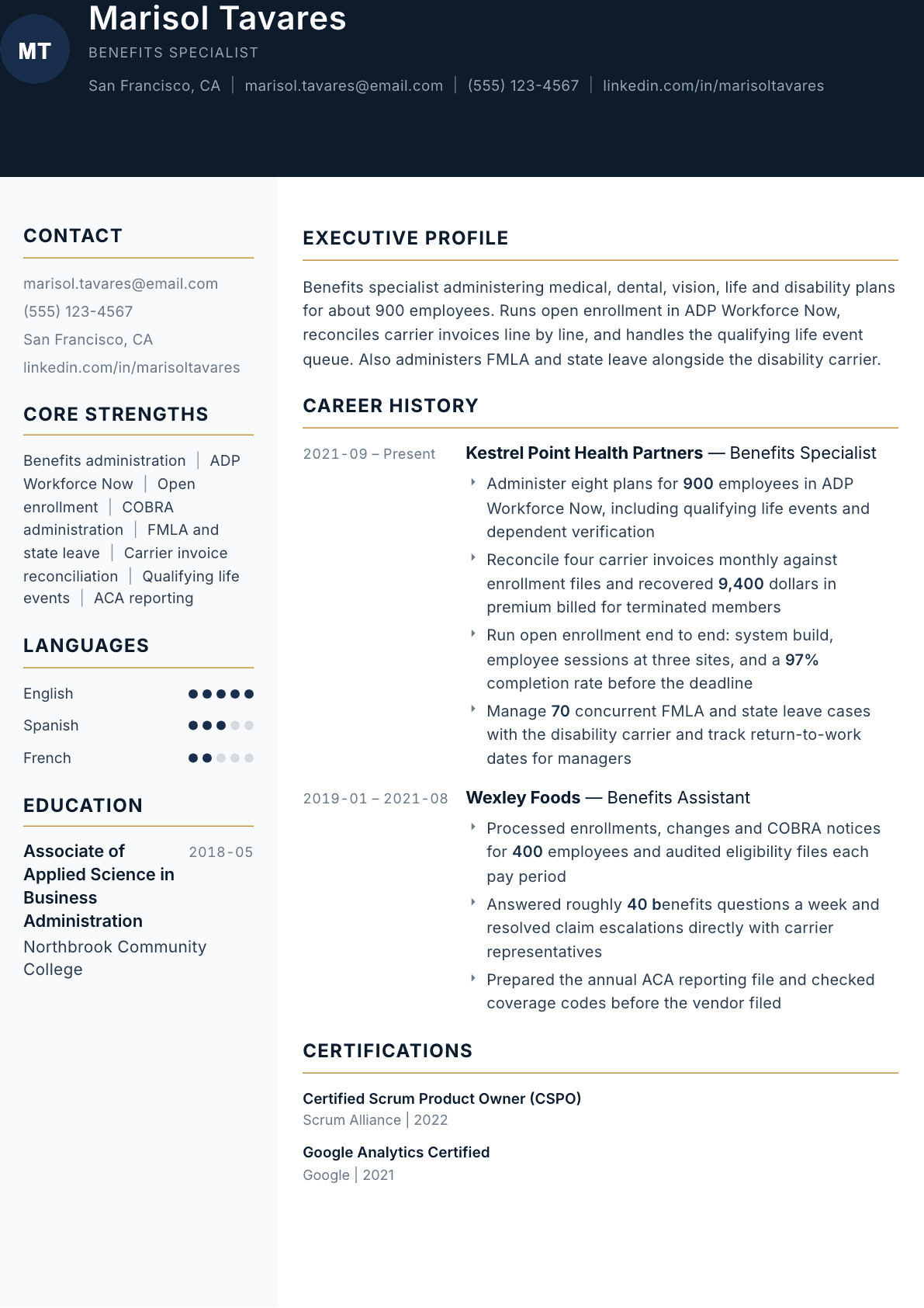 Benefits Specialist resume example, Consulate template