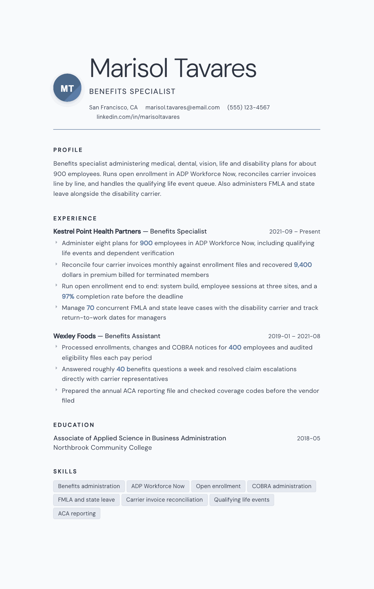 Benefits Specialist resume example, Nordic template