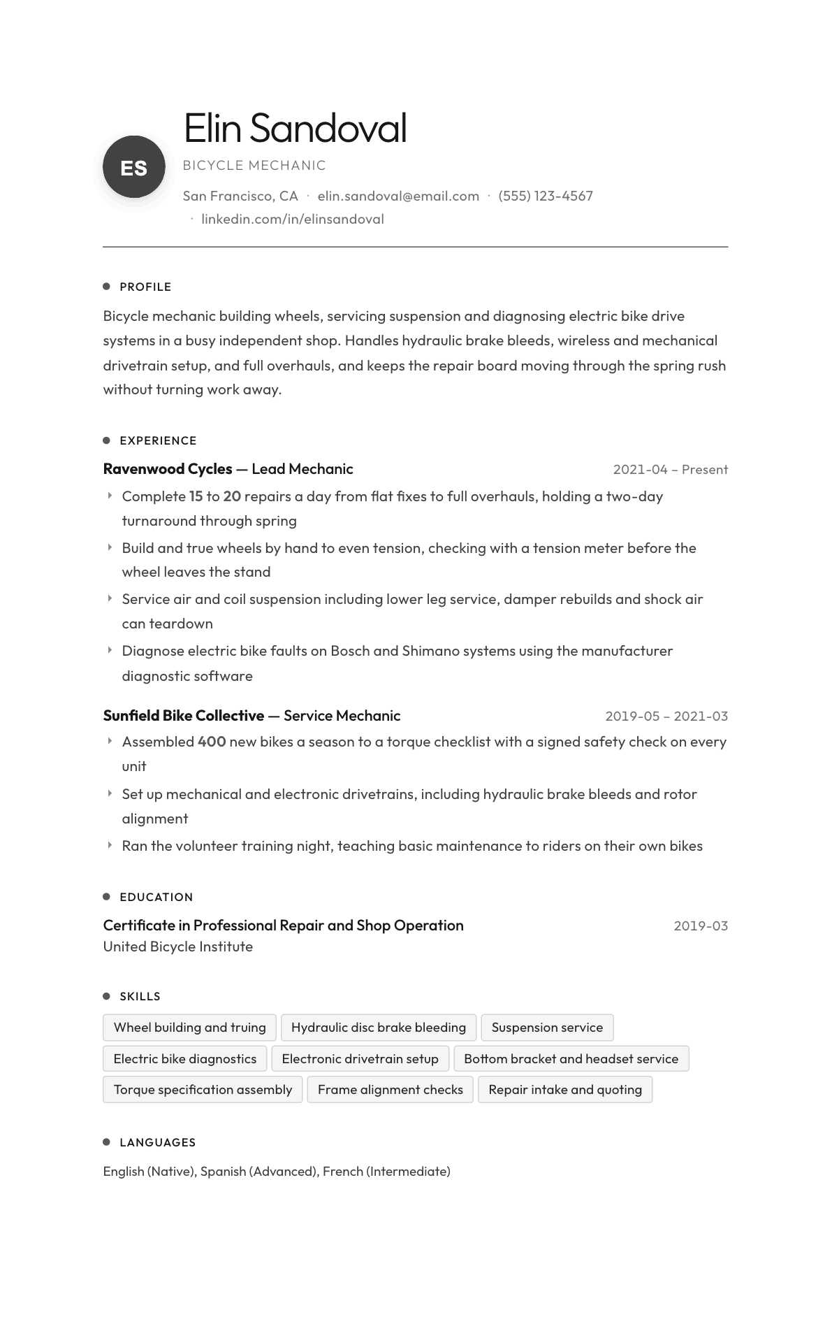 Bicycle Mechanic resume example, Flux template