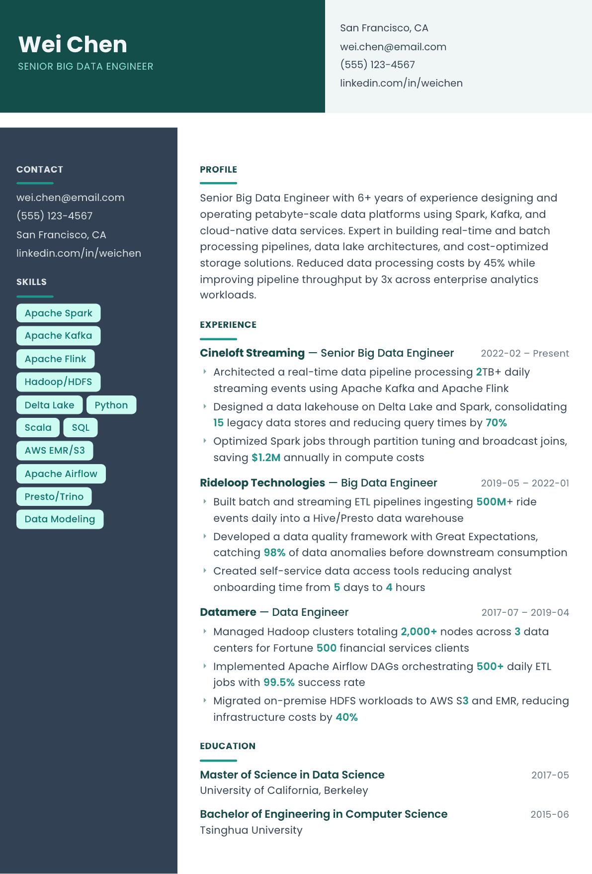 Big Data Engineer resume example, Spectrum template