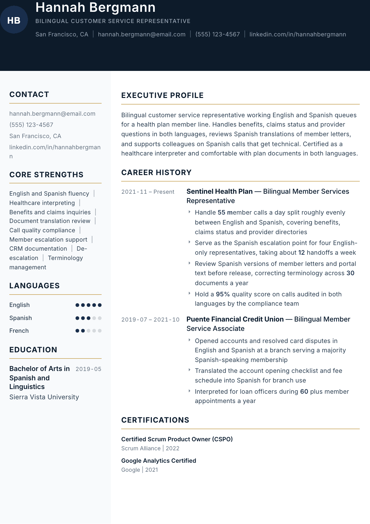 Bilingual Customer Service Representative resume example, Consulate template