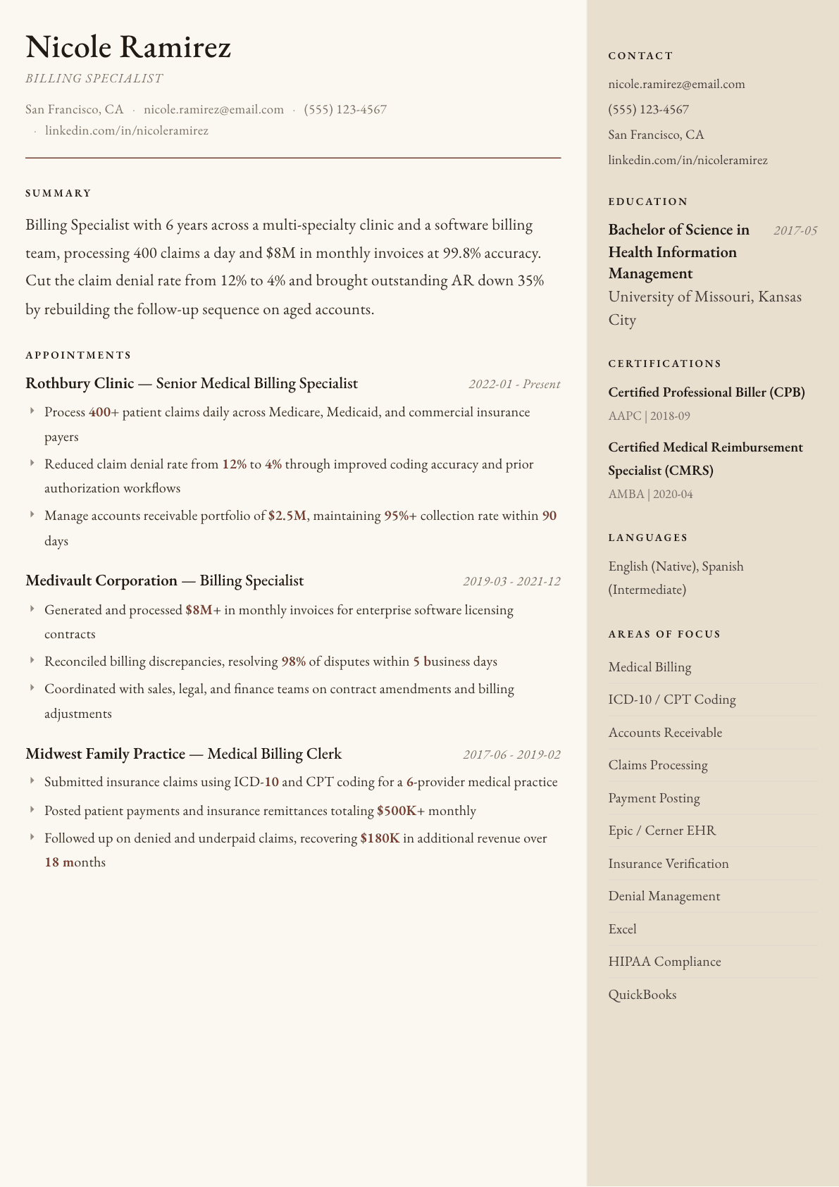 Billing Specialist resume example, Manuscript template