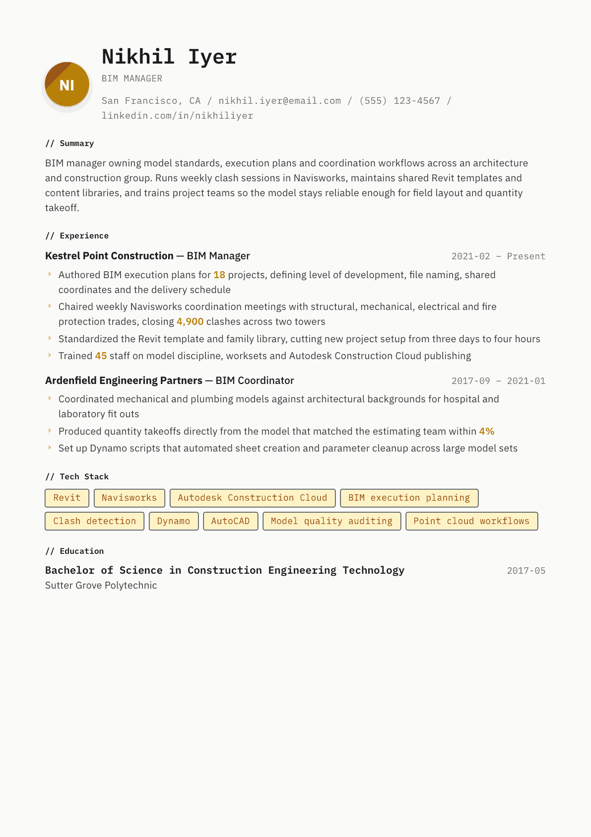 BIM Manager resume example, Inkwell template