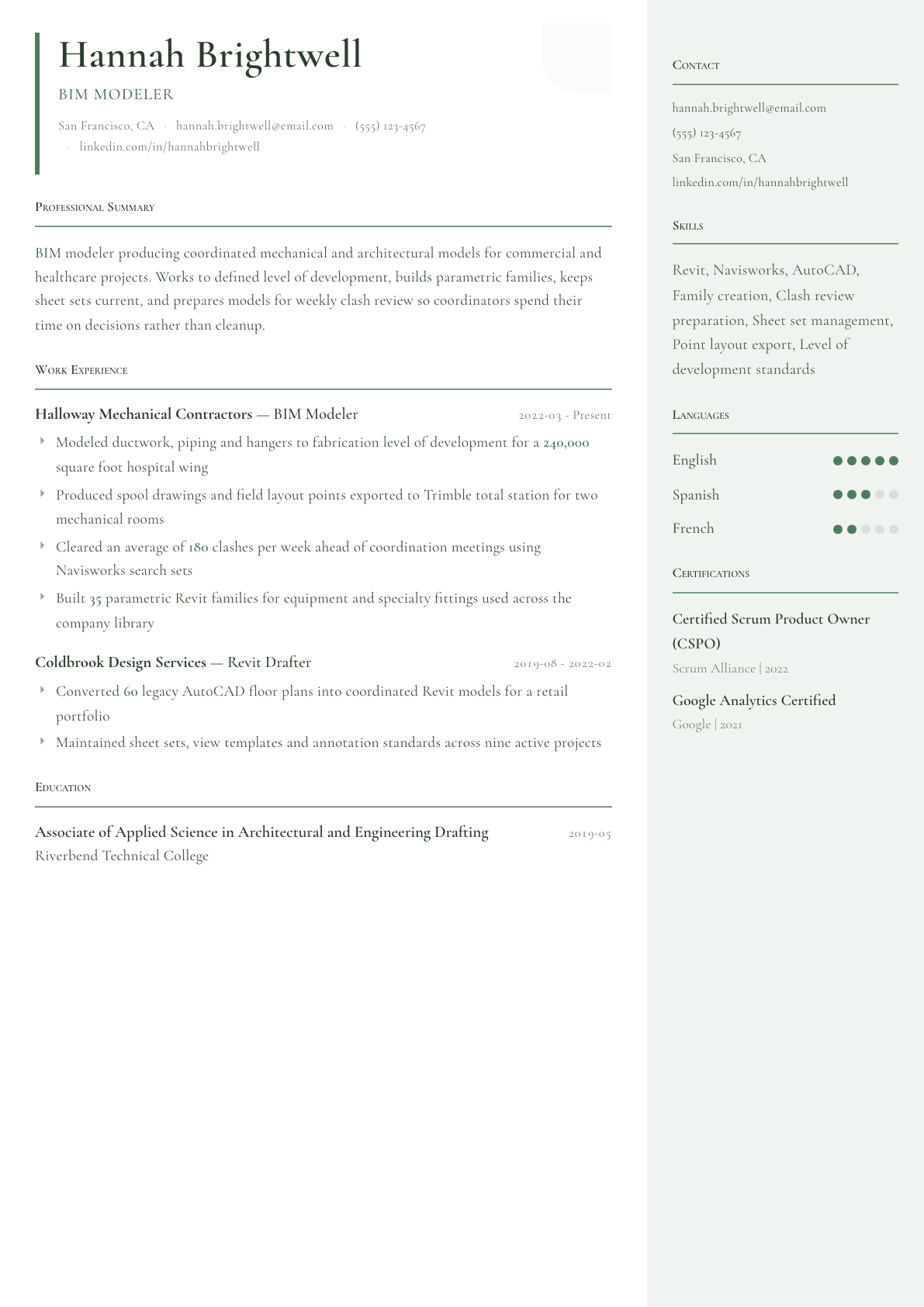 BIM Modeler resume example, Copenhagen template