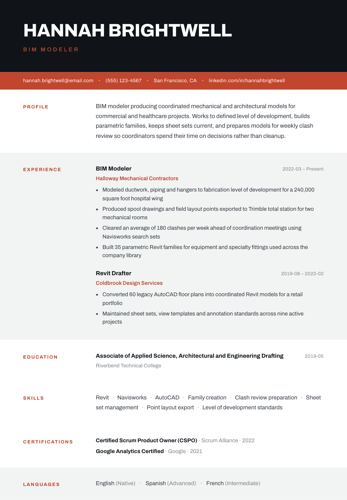 BIM Modeler resume example, Strata template