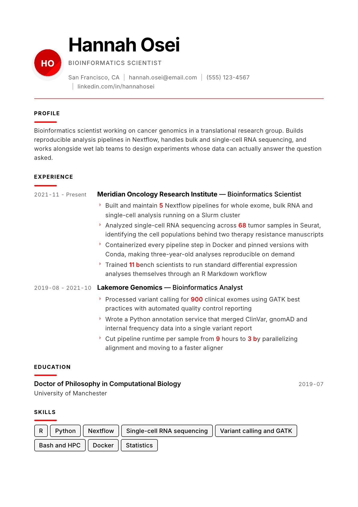 Bioinformatics Scientist resume example, Swiss Modernist template