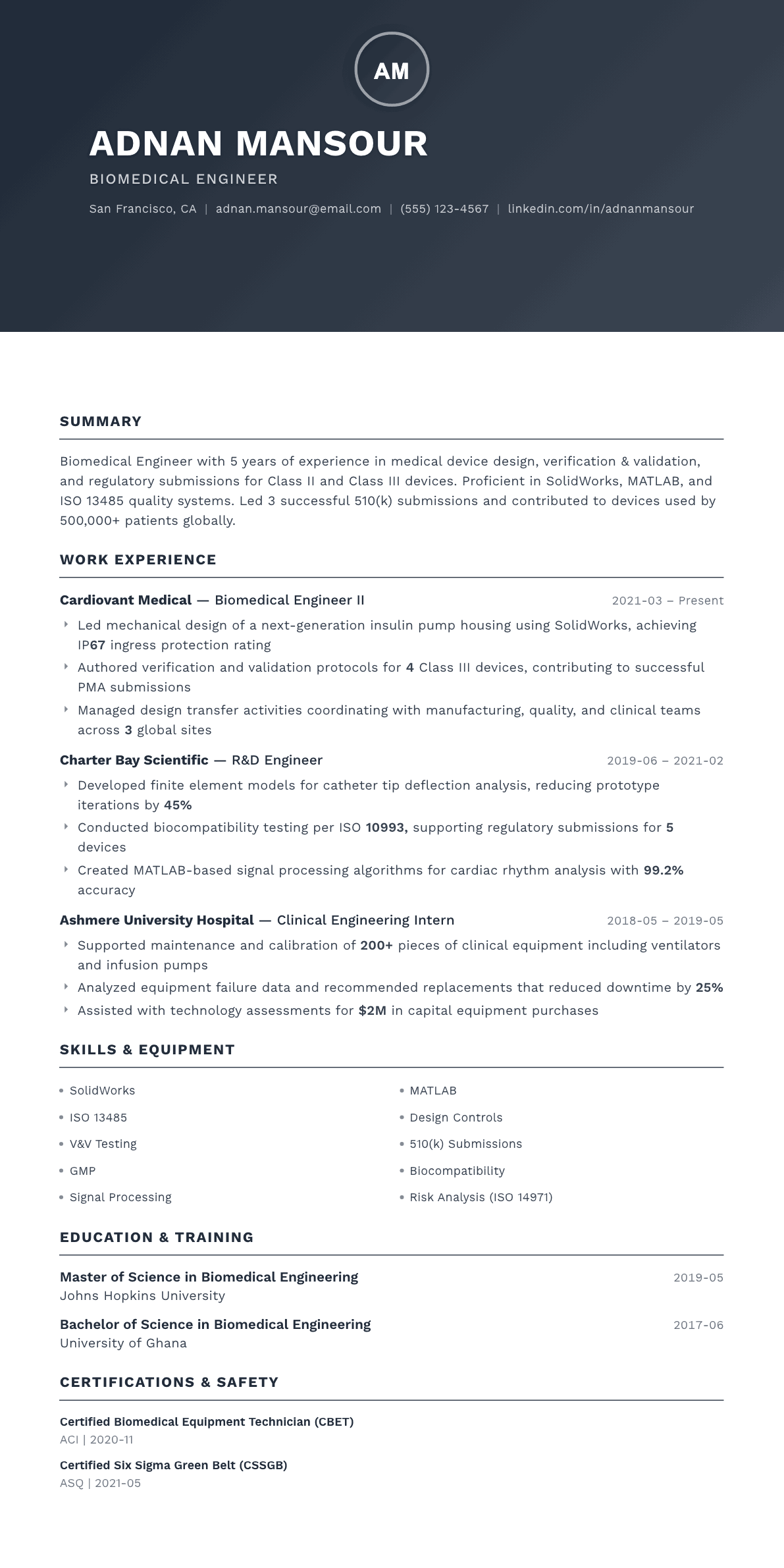 Biomedical Engineer resume example, Foundation template