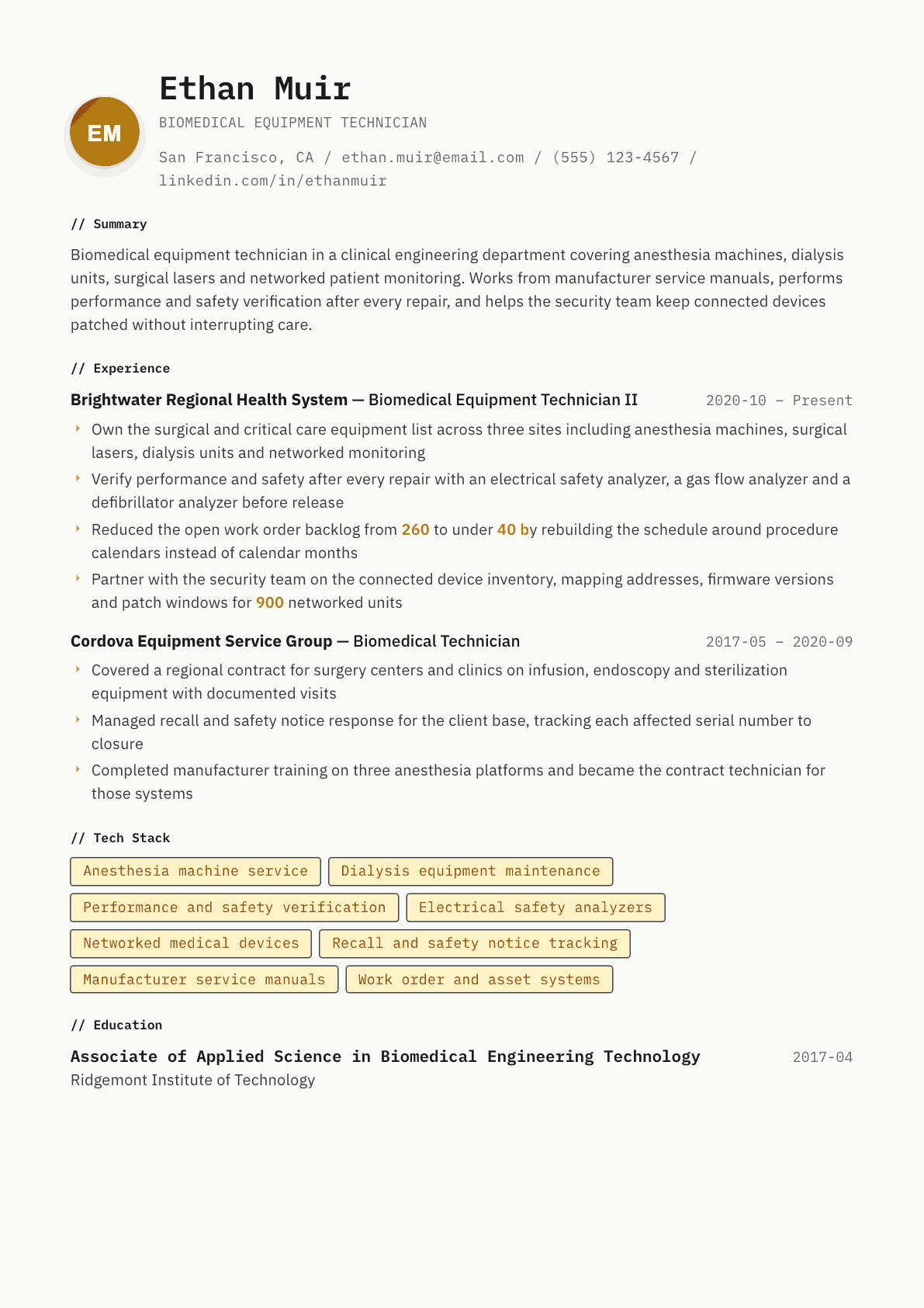 Biomedical Technician resume example, Inkwell template