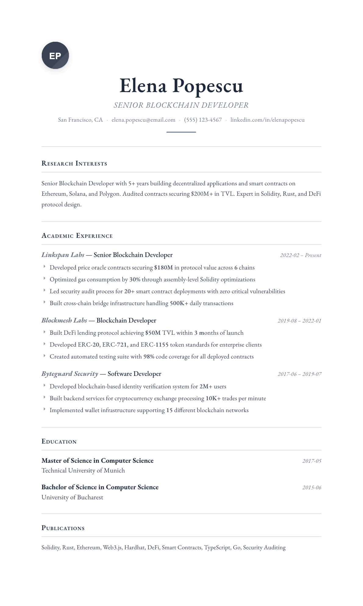Blockchain Developer resume example, Scholar template