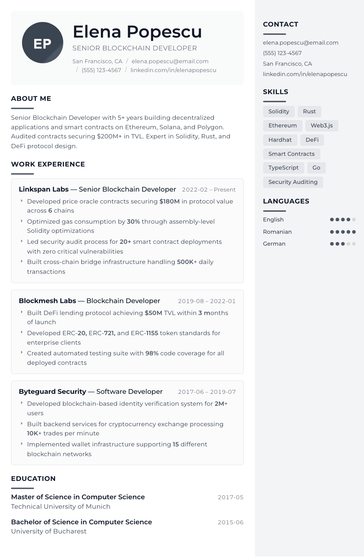 Blockchain Developer resume example, Metropolitan template