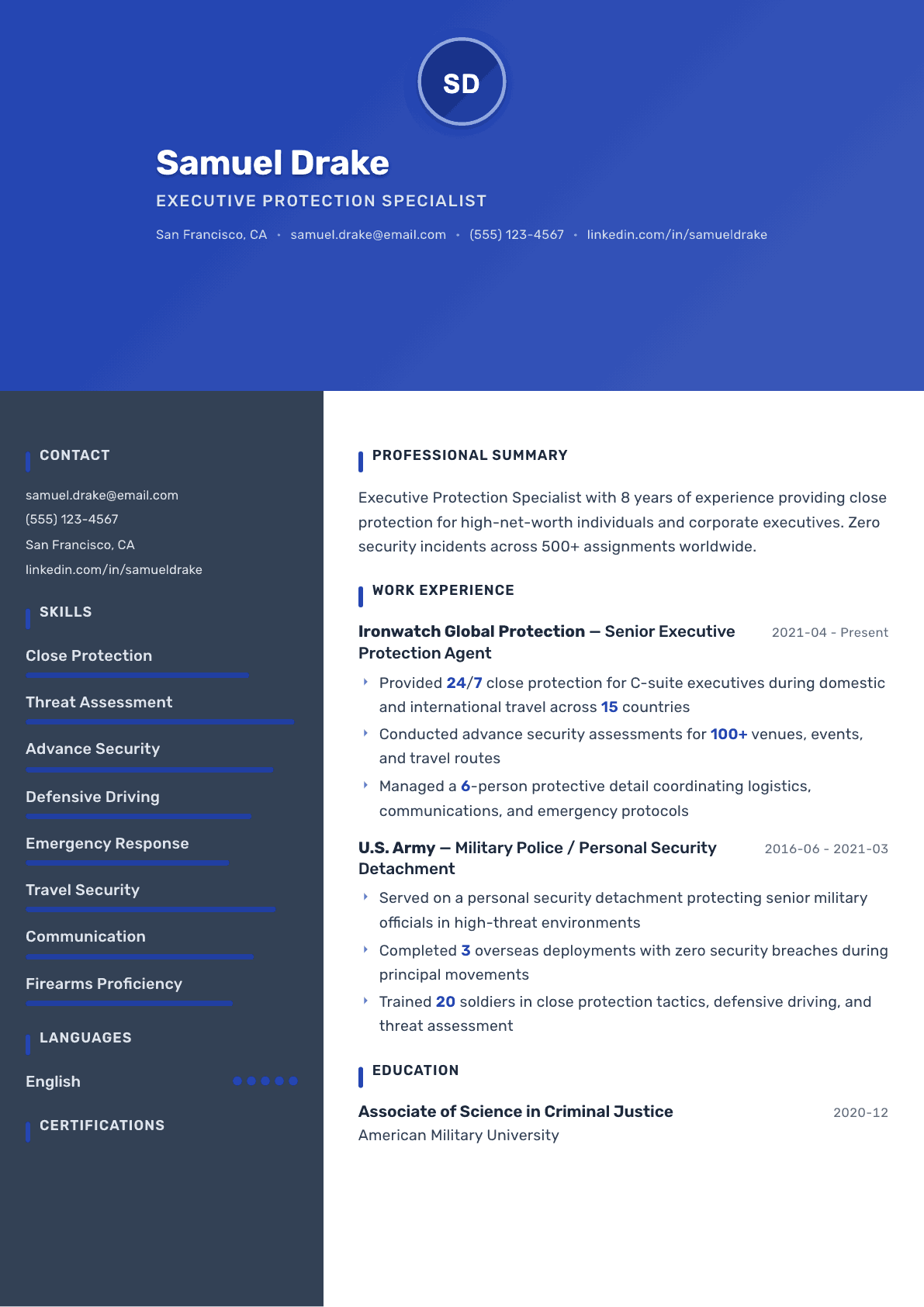 Bodyguard resume example, Barcelona template