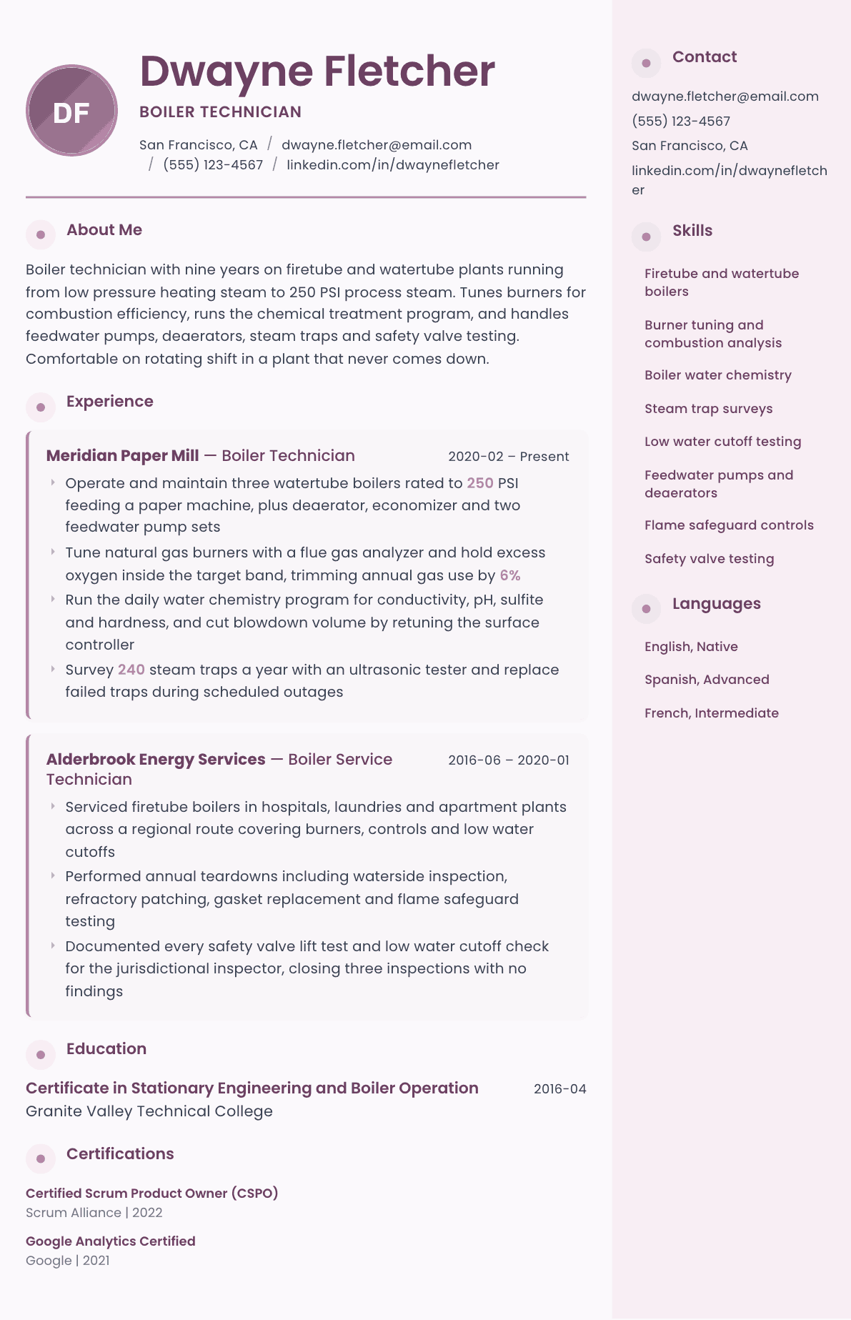 Boiler Technician resume example, Bloom template