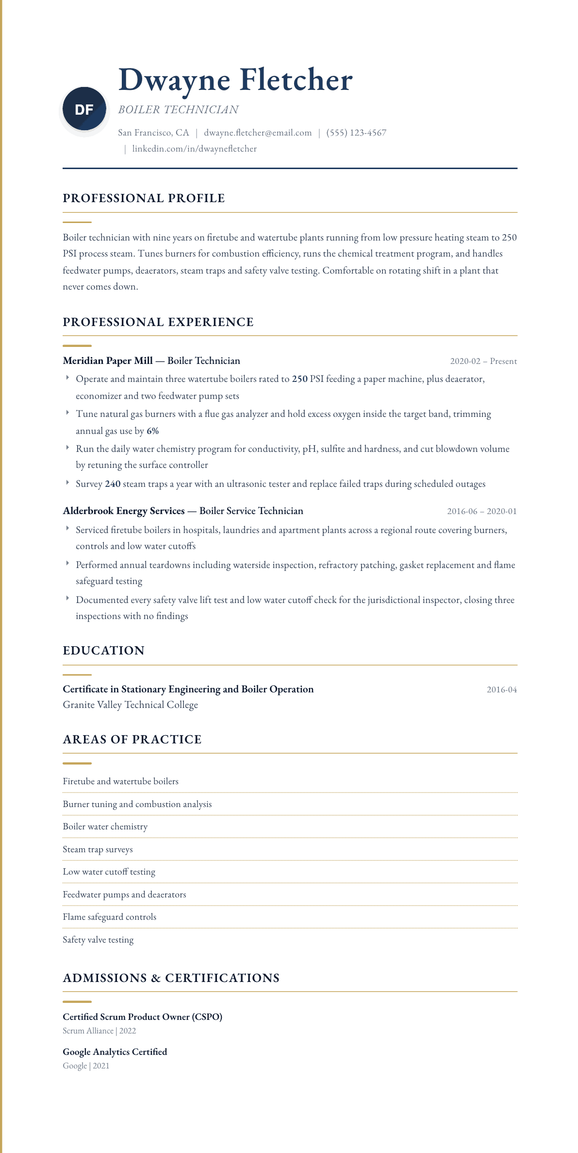 Boiler Technician resume example, Folio template
