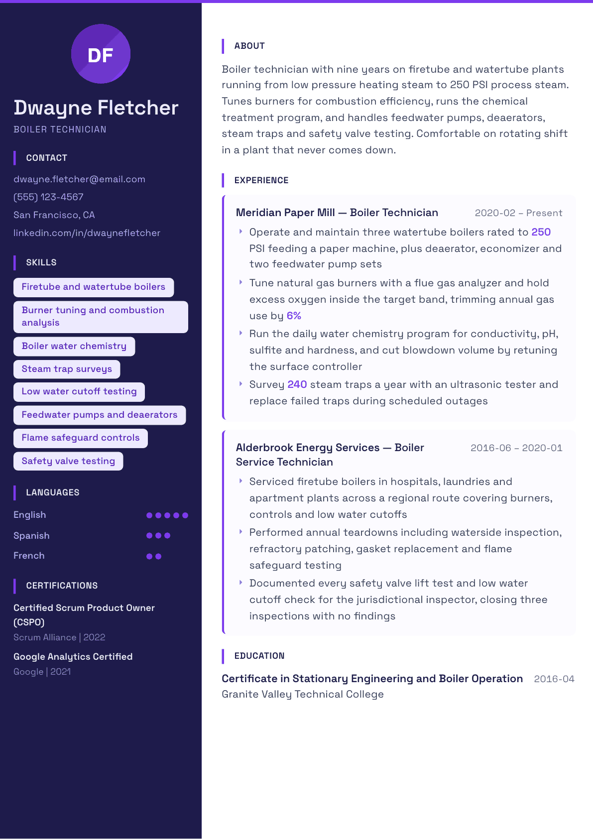Boiler Technician resume example, Solstice template