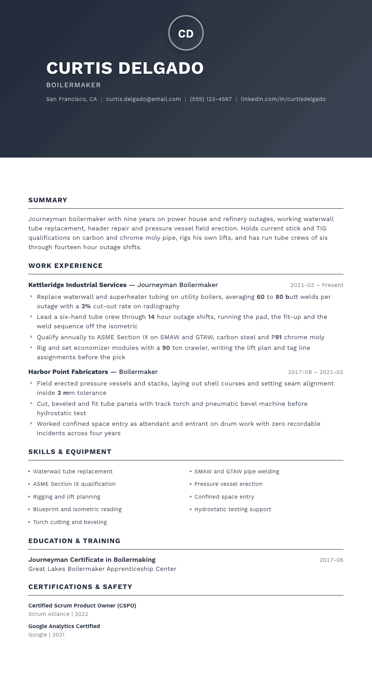 Boilermaker resume example, Foundation template