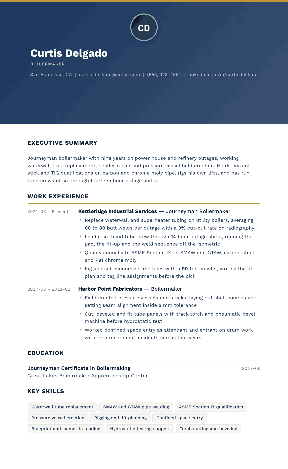Boilermaker resume example, Sovereign template