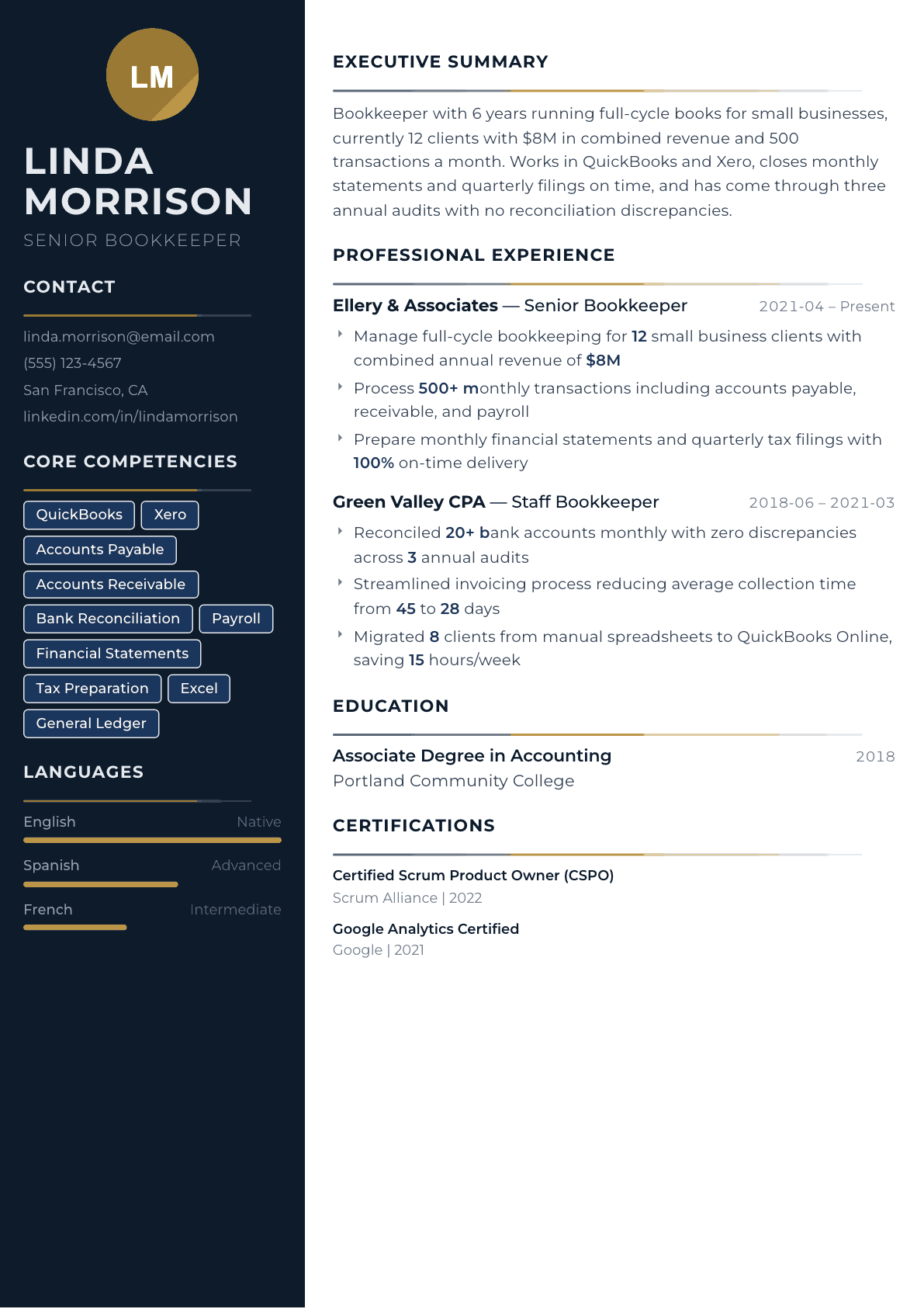 Bookkeeper resume example, Catalyst template