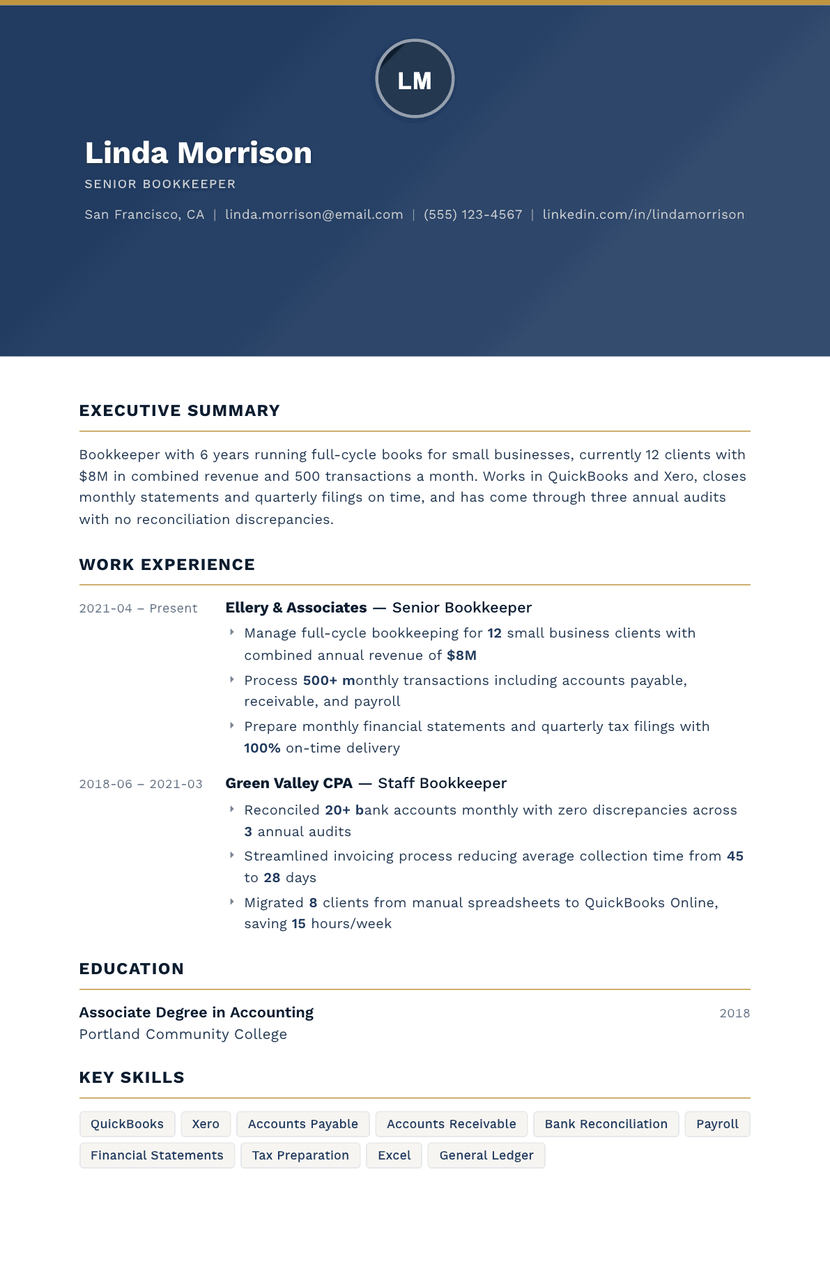 Bookkeeper resume example, Sovereign template