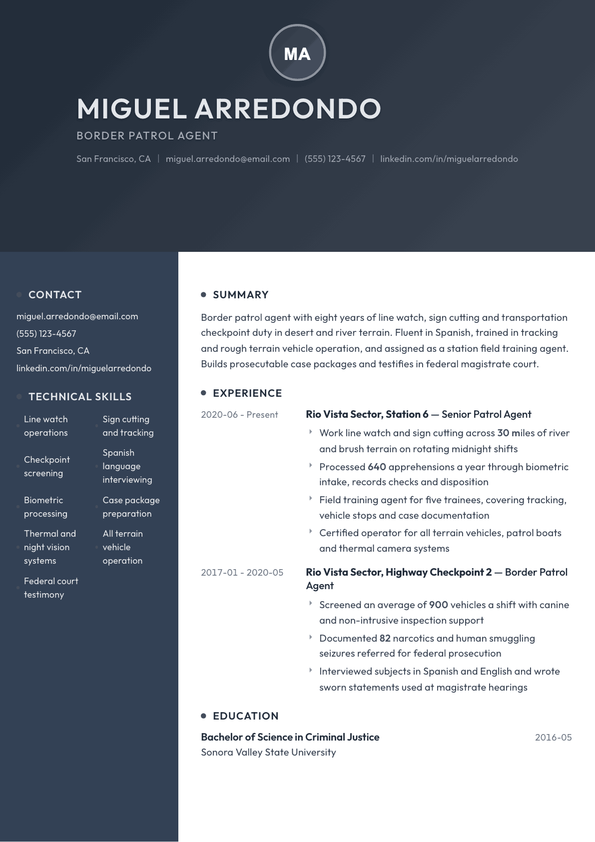 Border Patrol Agent resume example, Binary template