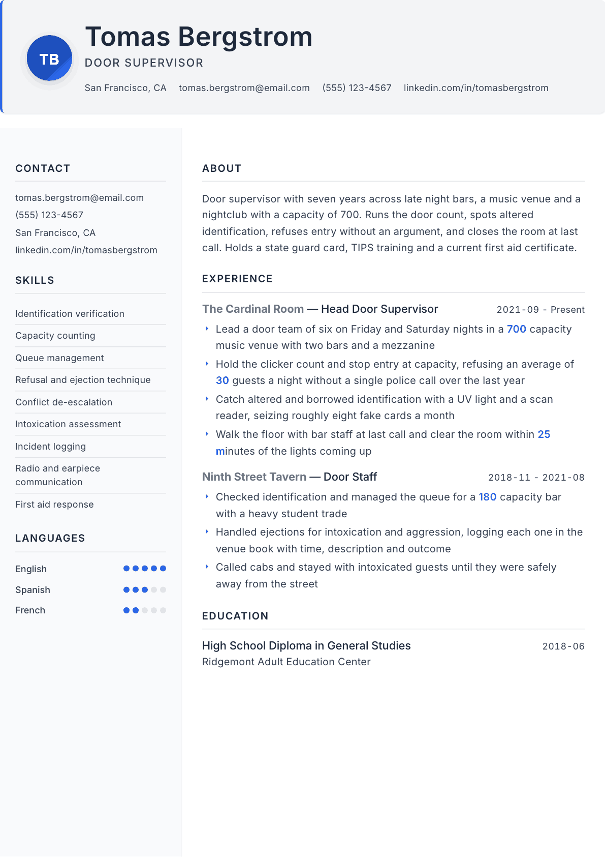 Bouncer resume example, Paper template