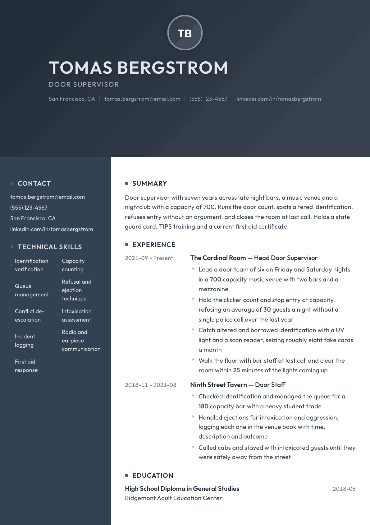 Bouncer resume example, Binary template