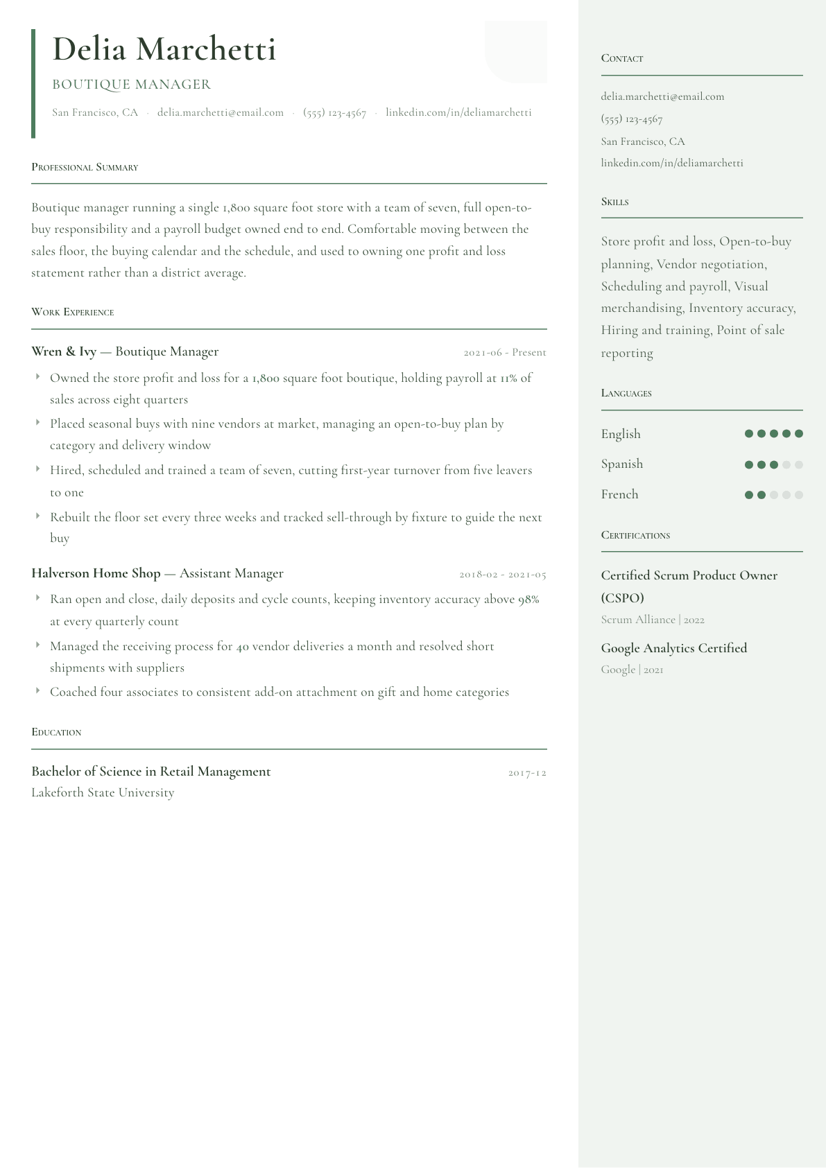 Boutique Manager resume example, Copenhagen template