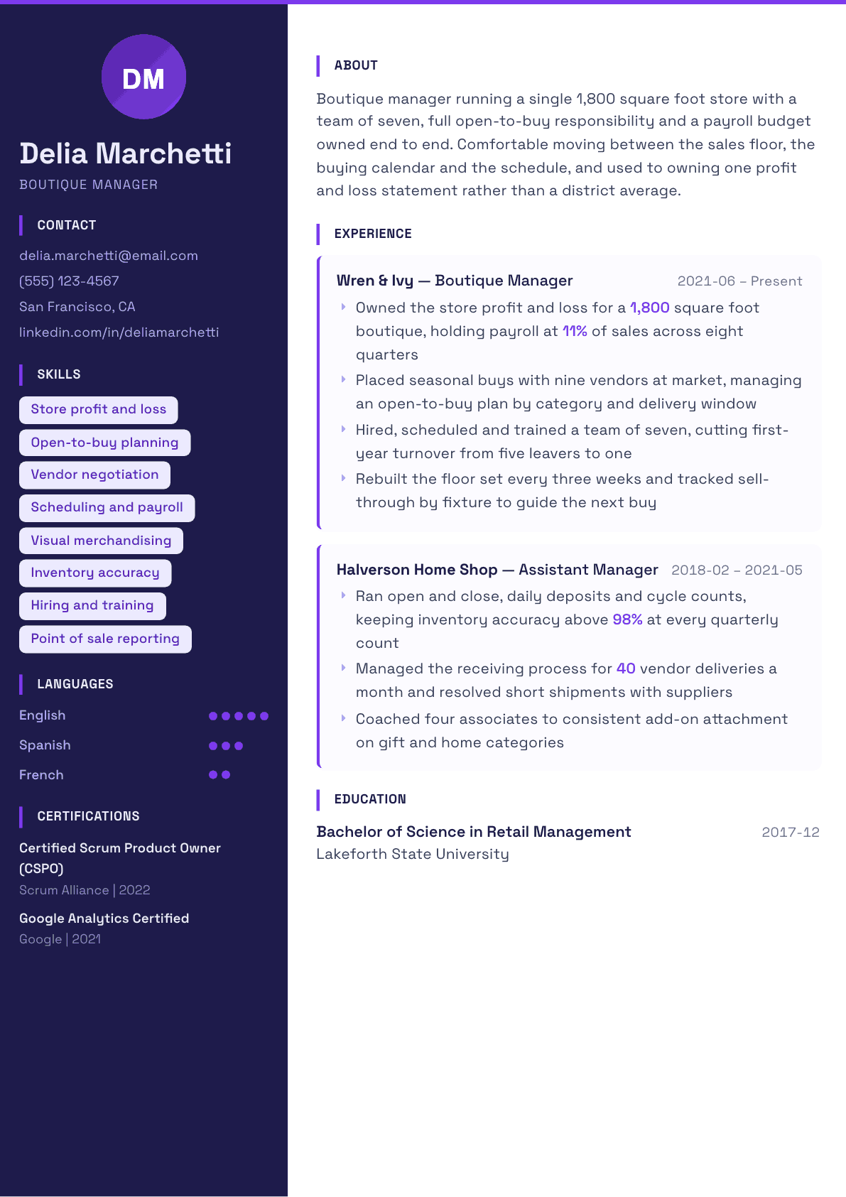 Boutique Manager resume example, Solstice template
