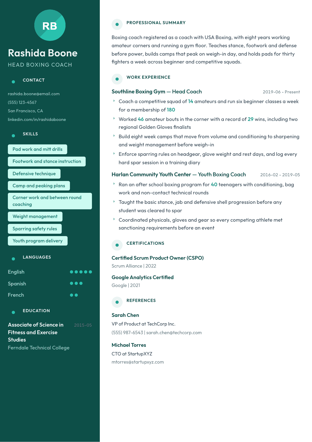 Boxing Coach resume example, Vienna template