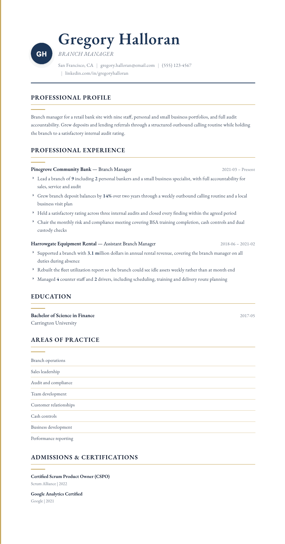 Branch Manager resume example, Folio template