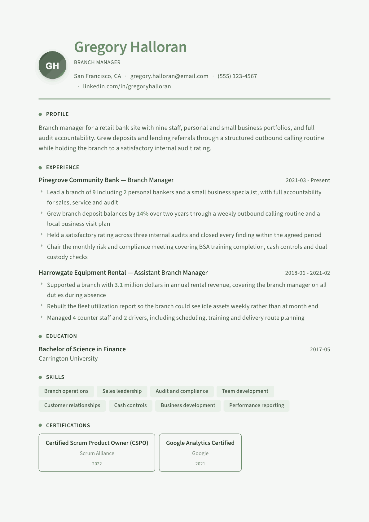 Branch Manager resume example, Sage Garden template