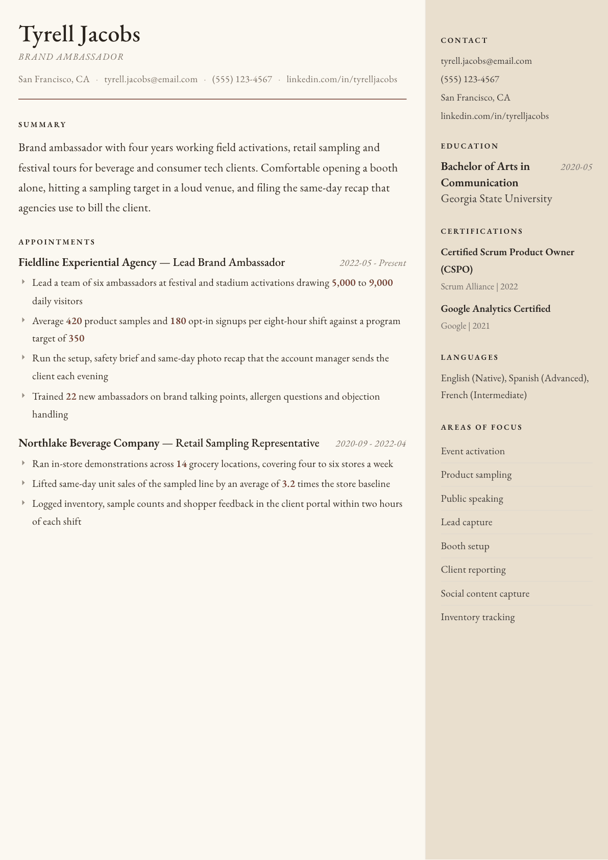 Brand Ambassador resume example, Manuscript template