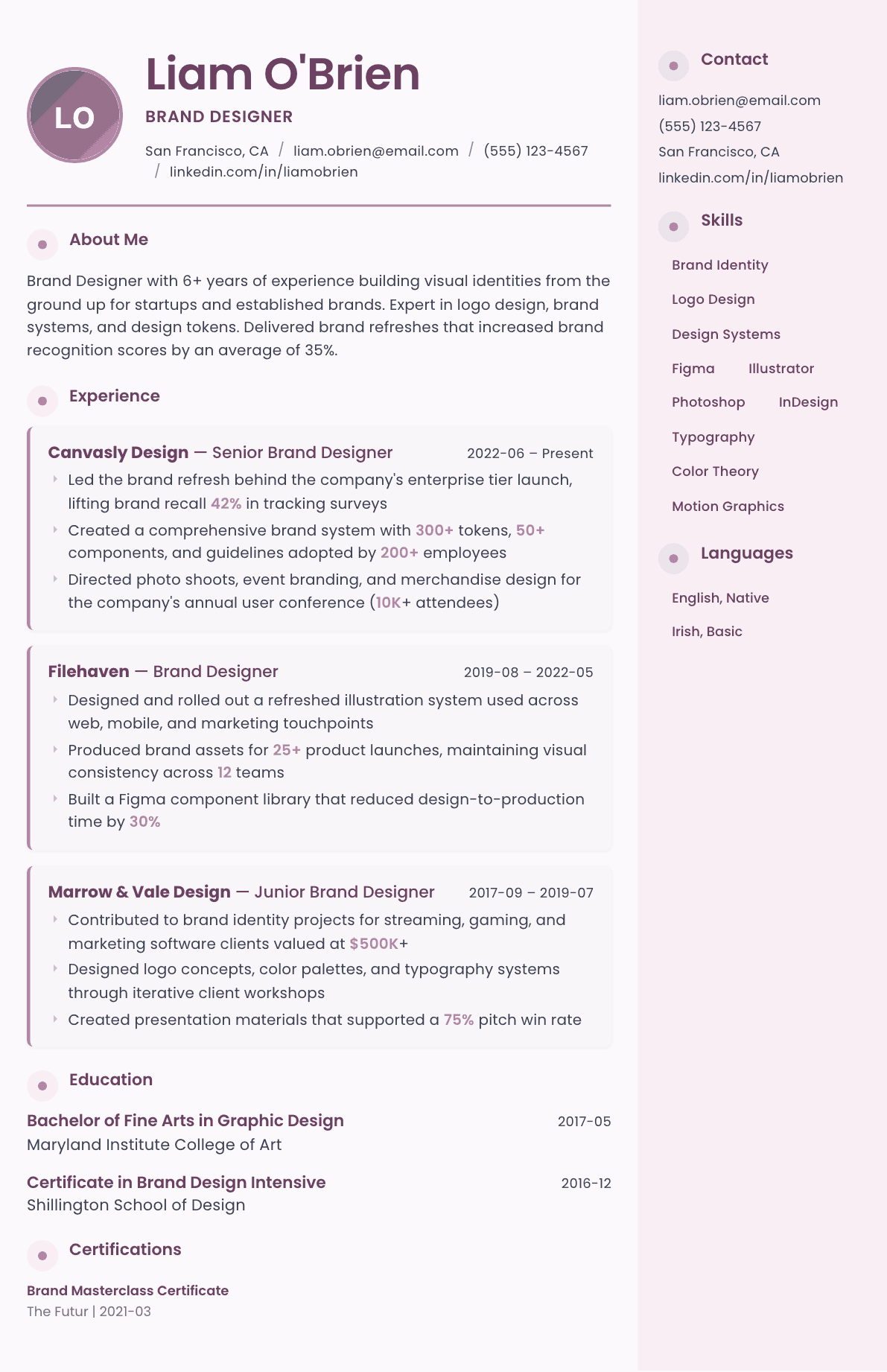 Brand Designer resume example, Bloom template