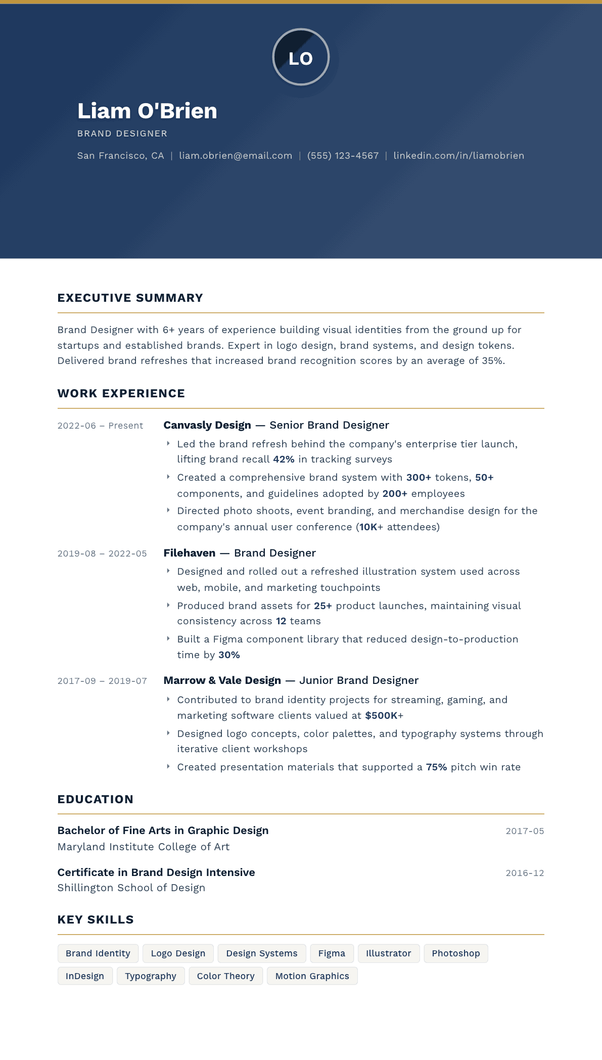 Brand Designer resume example, Sovereign template