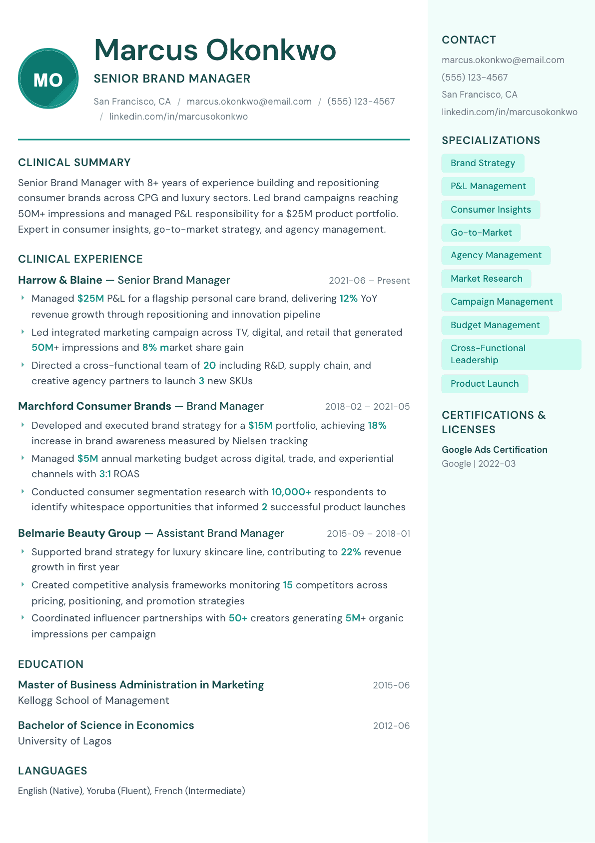 Brand Manager resume example, Remedy template