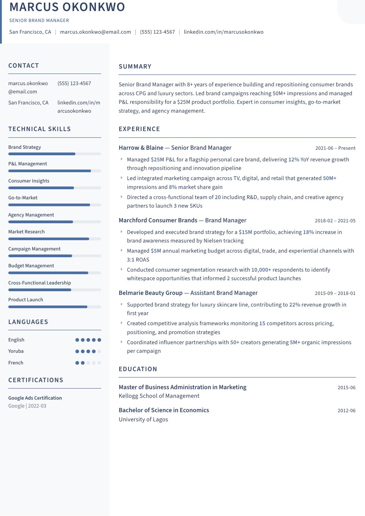 Brand Manager resume example, Summit template