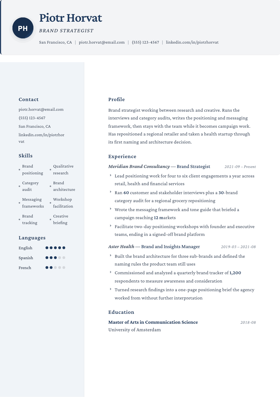 Brand Strategist resume example, Formal template