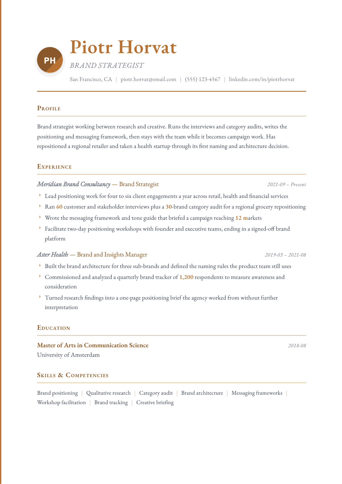 Brand Strategist resume example, Timeless template