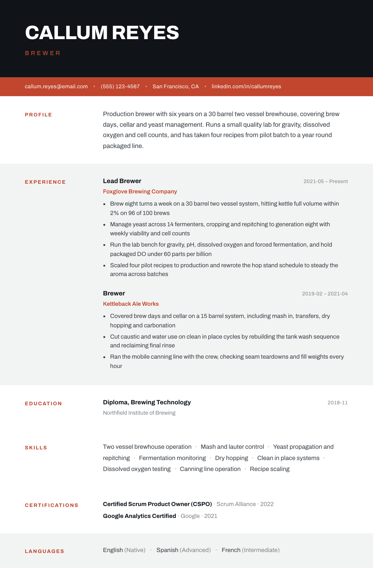 Brewer resume example, Strata template