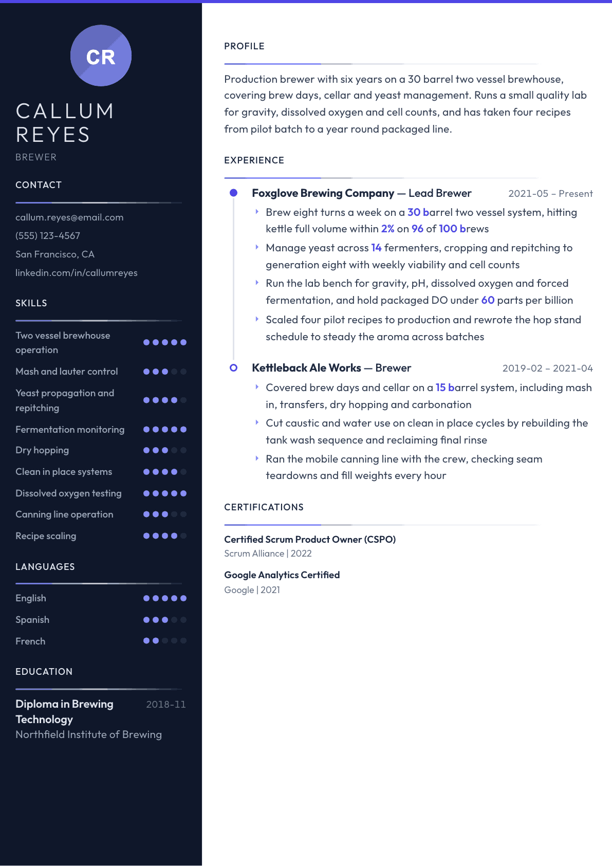 Brewer resume example, Zenith template