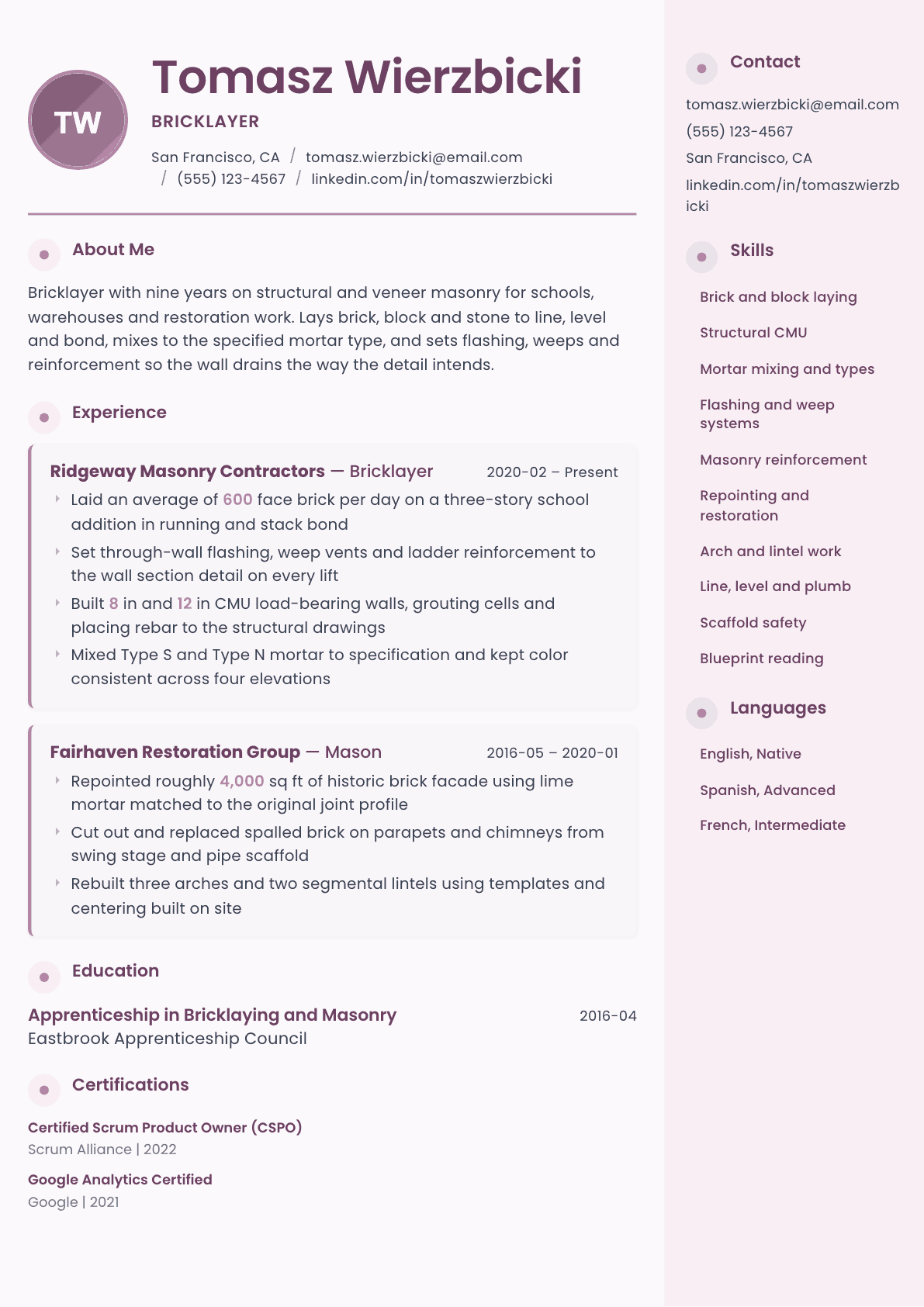 Bricklayer resume example, Bloom template