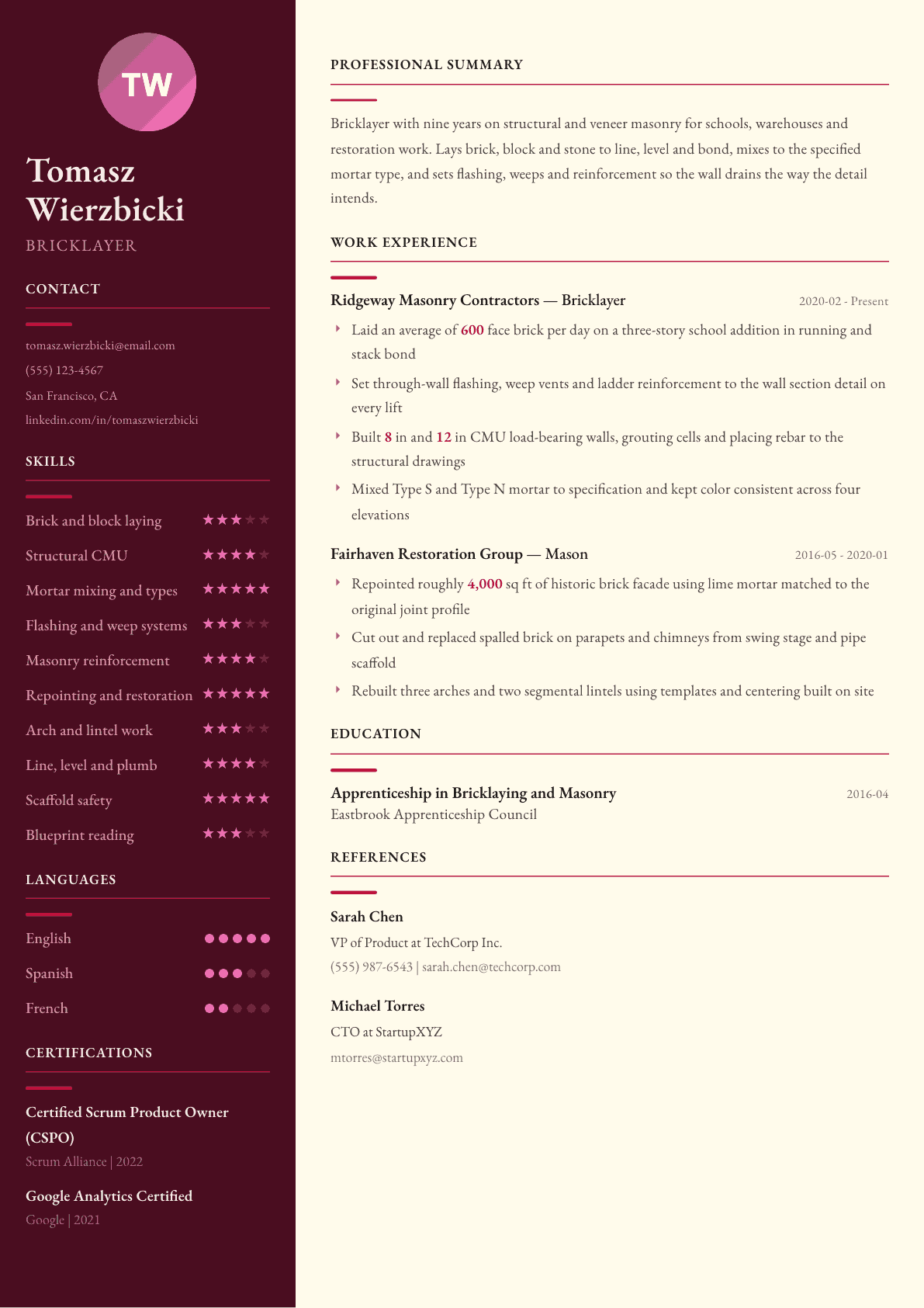 Bricklayer resume example, Dubai template